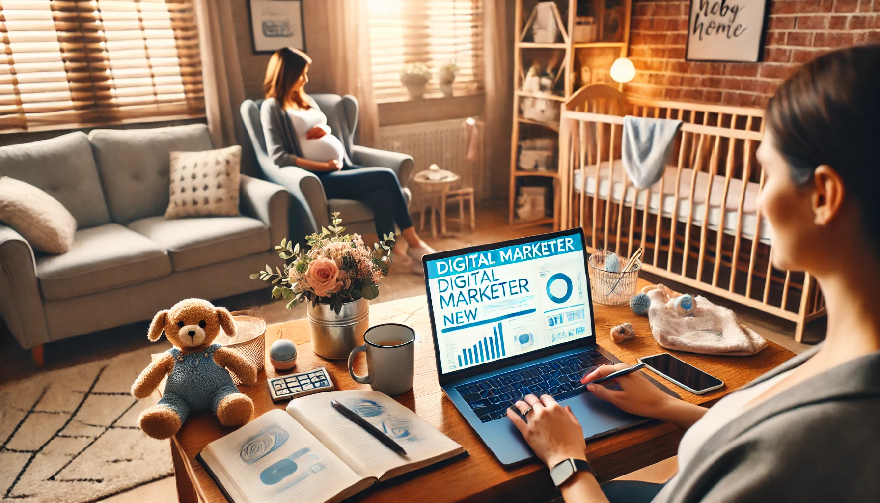 DALL·E 2024-12-30 16.31.18 – A professional and personal scene of a digital marketer new mom-to-be working from home. The setting includes a cozy home office with a laptop, digita A New Mom-to-Be Digital Marketer